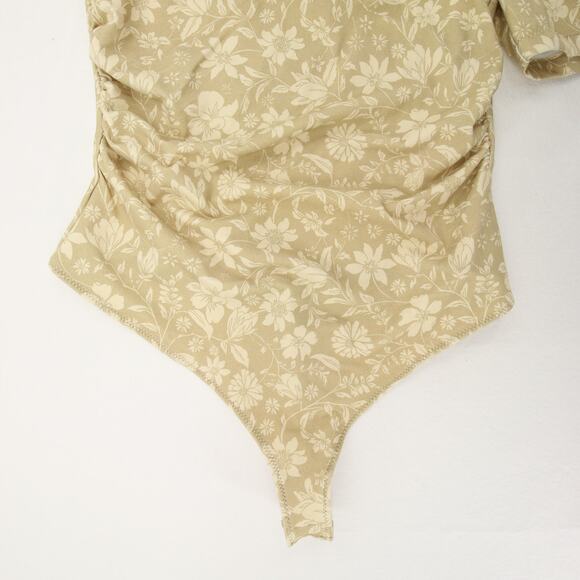 Intimately Free People Bodysuit One Shoulder Puff Sleeve Floral Green Tan NWT L - Picture 4 of 12